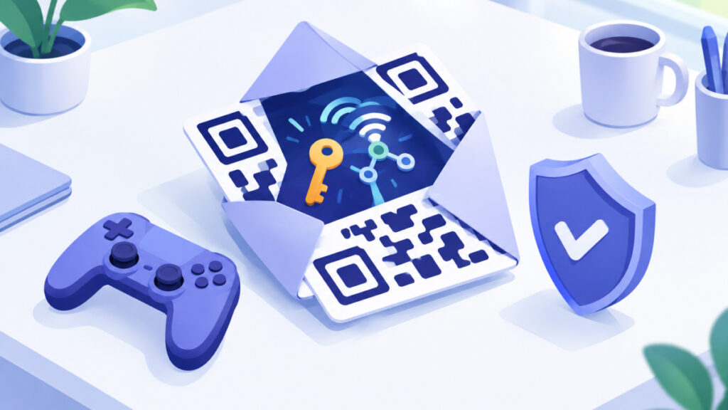 Conceptual illustration of a QR pattern opening like an envelope that holds a key and a network symbol