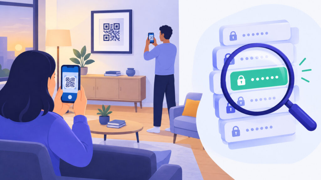 Two people in a living room, one scanning and one photographing a framed square code on the wall