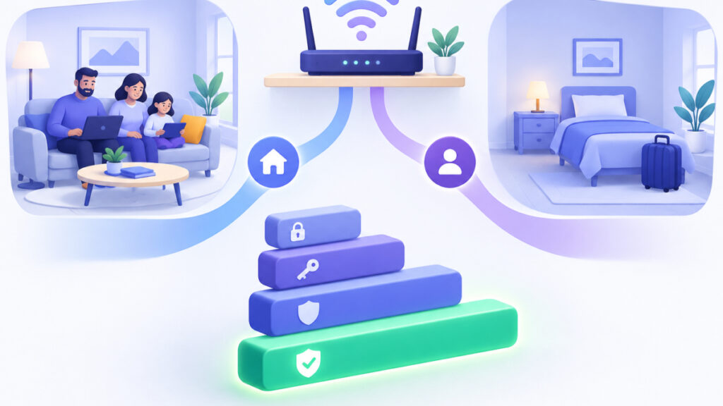 Illustration of a home router sending two separate network paths, one for the household and one for visitors