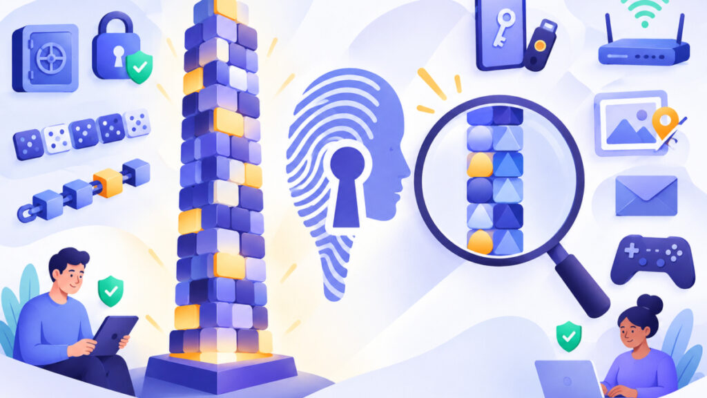 Concept art showing an impressive stack of blocks revealed as repeating predictable shapes under a magnifying glass